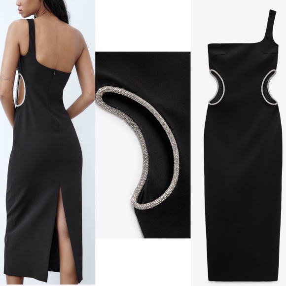 Zara Dresses & Skirts - Zara NWT black one shoulder rhinestone side cutout detail midi dress